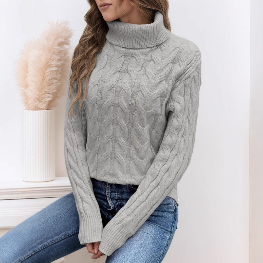 Damen Strickpullover mit hohem Kragen und Zopfmuster EB
