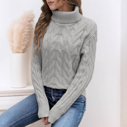 Damen Strickpullover mit hohem Kragen und Zopfmuster EB