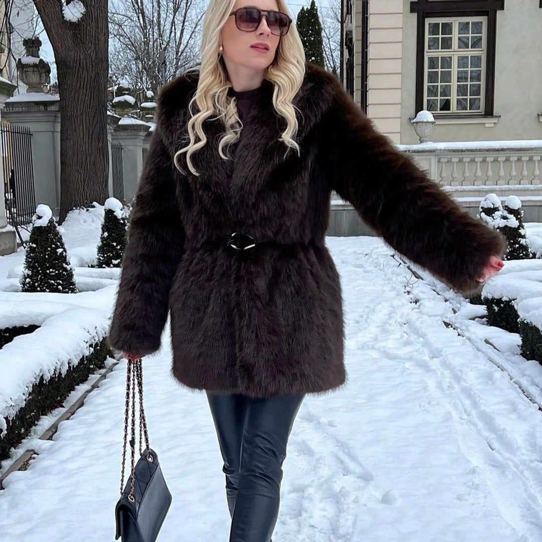 Damen glamouröser Kunstfellmantel mit breitem Revers und Taillengürtel EB