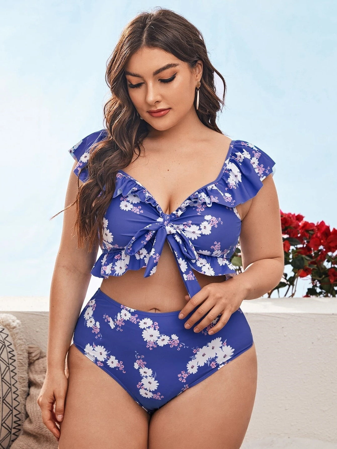 Damen Bikini-Set mit floralem Wickeloberteil und hohen Taillenhosen EB