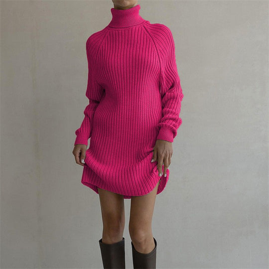Damen Strickkleid mit hohem Kragen und großen Ärmeln EB