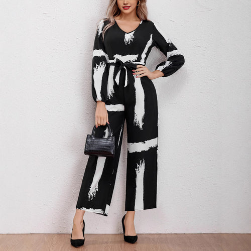 Damen Jumpsuit mit modernen Pinselstrich-Design und Gürtel EB