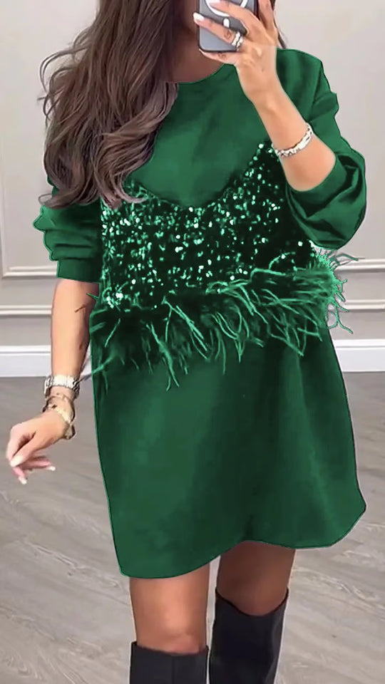 Damen Designer Kleid mit Pailletten- und Federdetails Heidi-Mode