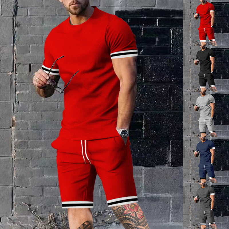 Herren nan athletisches Freizeit-Set aus Baumwoll-Feinjersey mit Kontrastbündchen und Kordelbund-Kurzhose EB