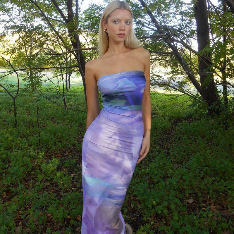 Damen Maxi Kleid mit schulterfreiem Design und fließendem Stoff EB