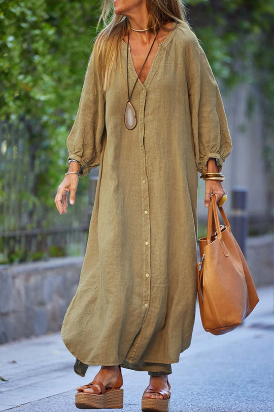 Damen lässiges Langarmkleid mit Knopfleiste und Ballonärmeln EB