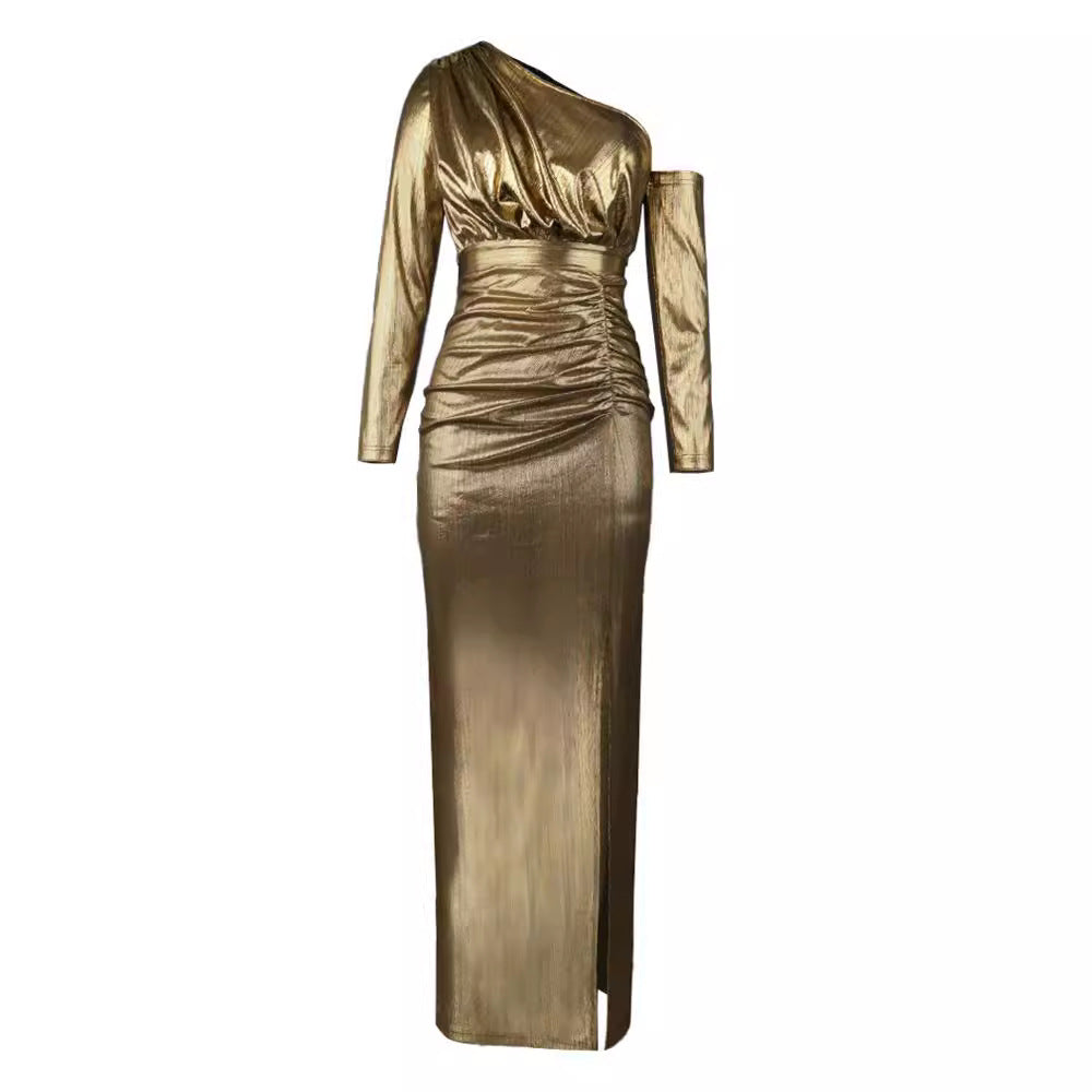 Damen Elegantes Kleid mit asymmetrischem Saum und schimmerndem Material EB