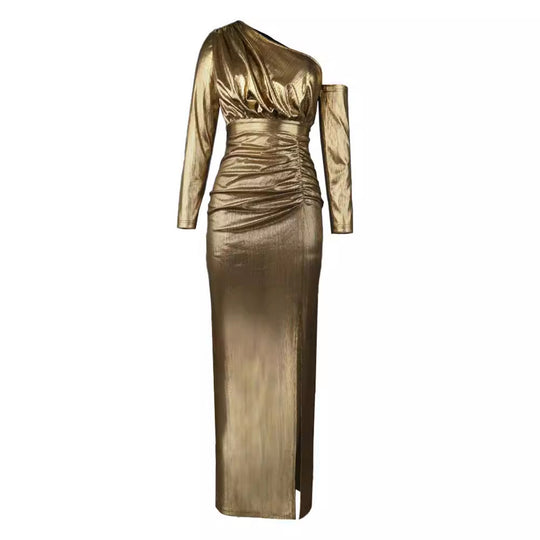 Damen Elegantes Kleid mit asymmetrischem Saum und schimmerndem Material EB