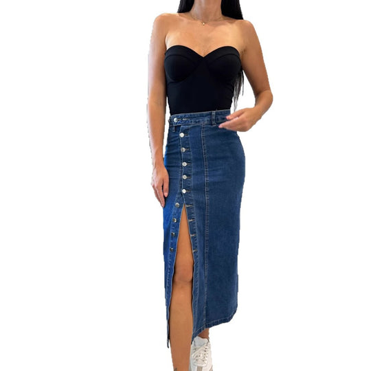 Damen Baumwoll-Denimrock mit Knopfleiste und Schlitz EB