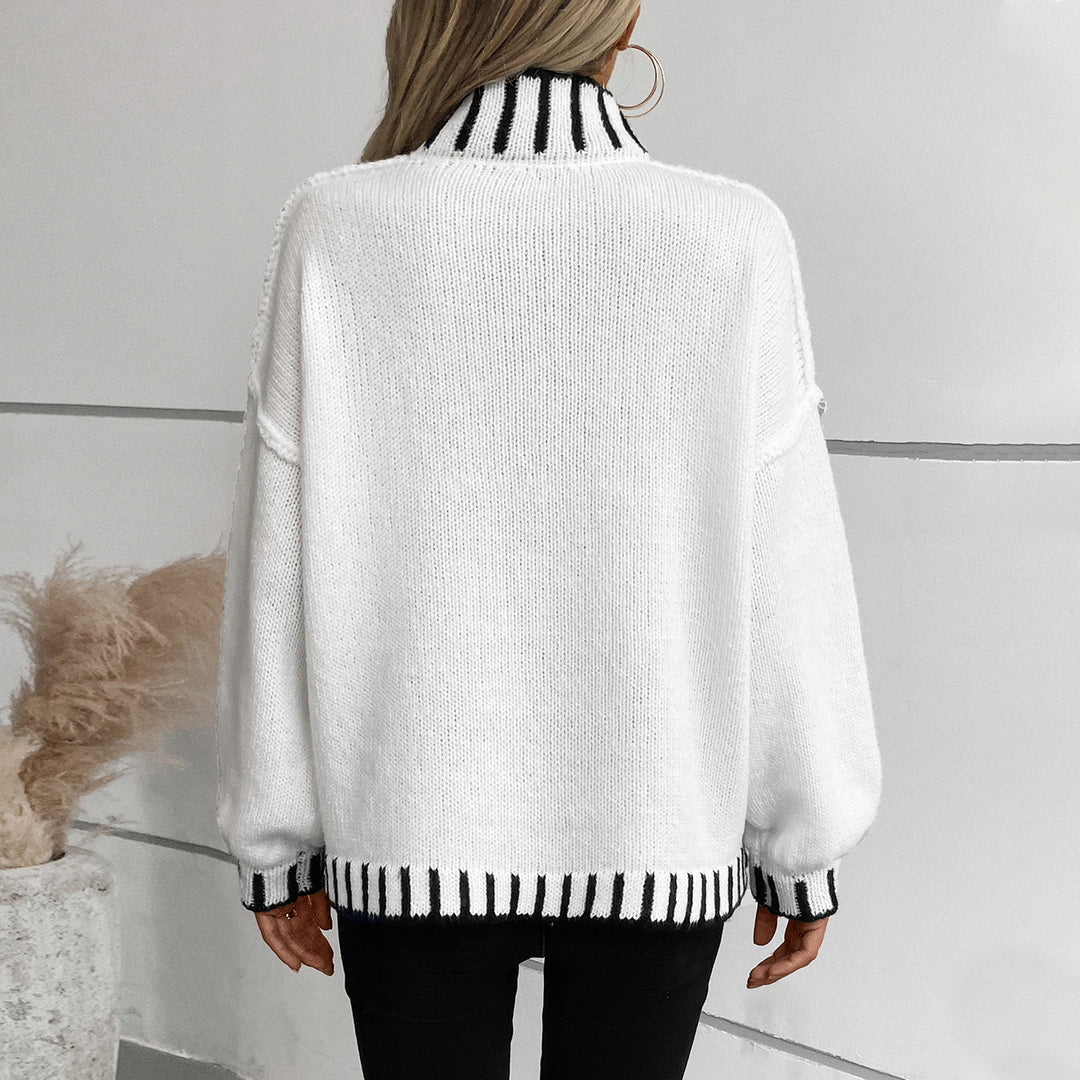 Damen modischer Pullover mit hochgeschlossenem Kragen und kontrastierenden Bündchen EB