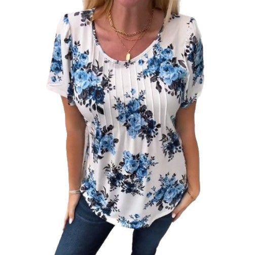 Damen nan Kurzarmbluse mit Kellerfalten, Rundhalsausschnitt und floralem Allover-Print EB