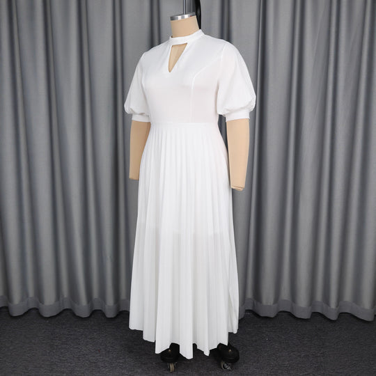 Damen elegantes Maxikleid mit plissiertem Rock und modischem Schlüssel-Ausschnitt EB
