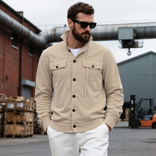 Herren nan gerippte Cord-Überhemdjacke mit Kapuze, Brustklappen und durchgehender Knopfleiste EB