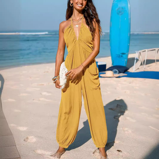 Damen lässiger Jumpsuit mit tiefem Ausschnitt und praktischen Taschen EB