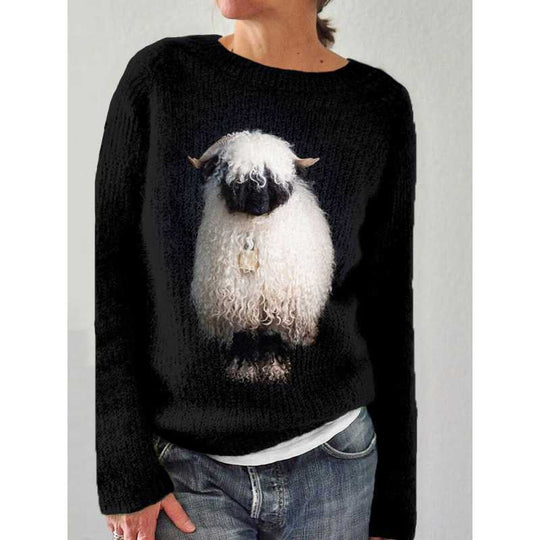 Damen nan bestickter Strickpullover mit reliefartiger Blumenstickerei und Rundhalsausschnitt EB