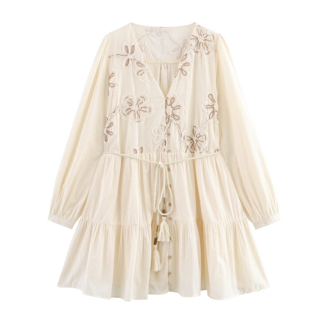 Damen verspieltes Maxikleid mit floralem Stickmuster und Taillenkordelzug EB