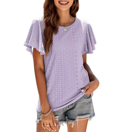 Damen T-Shirt mit eleganten Volantärmeln und durchbrochenem Design EB