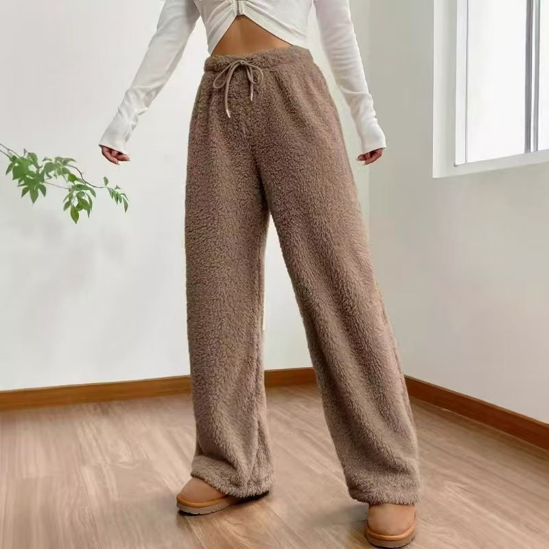 Damen nan hochtaillierte Teddyfleece-Loungehose mit weitem Bein, Kordelzug und seitlichen Eingrifftaschen EB