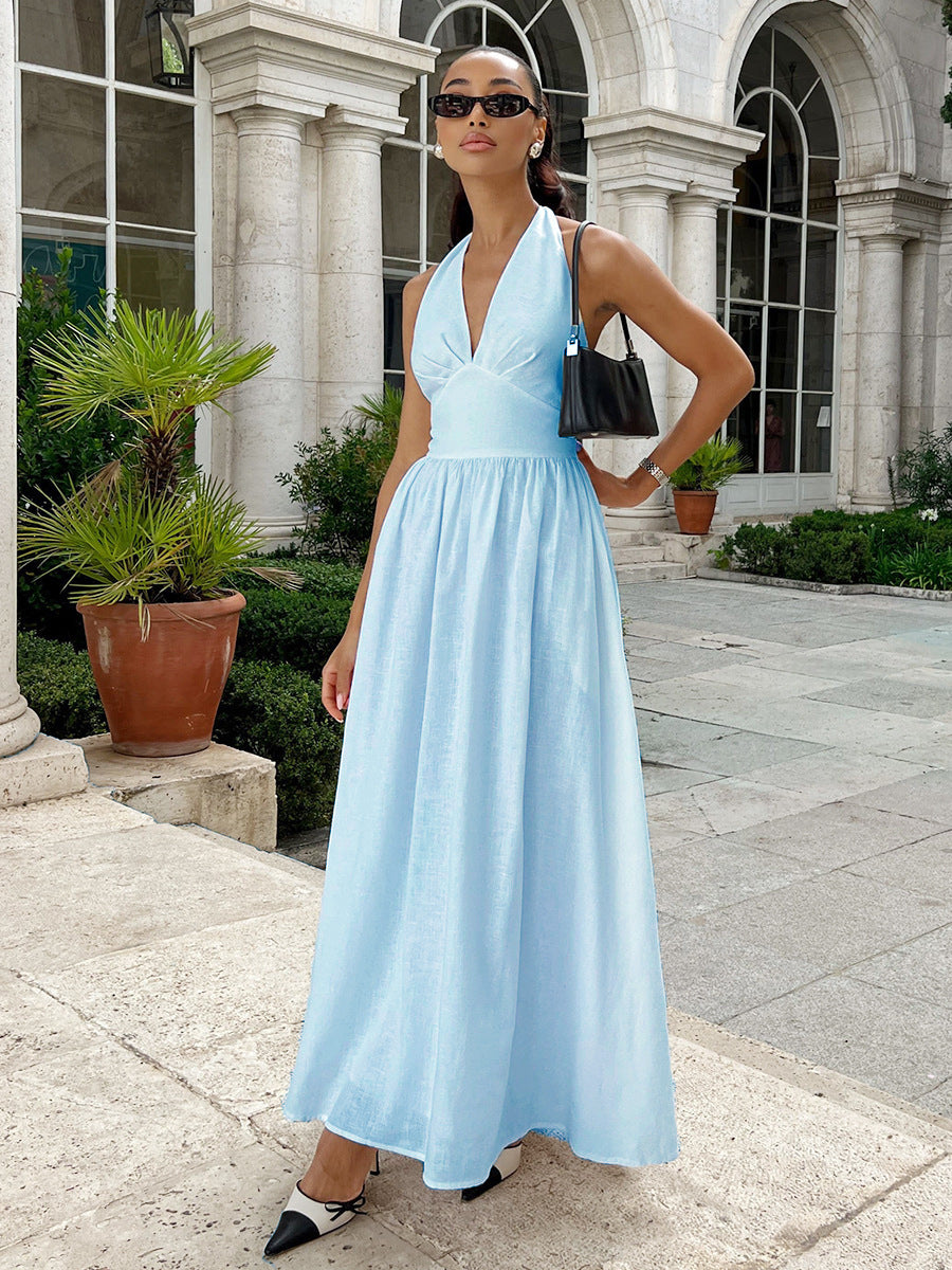 Damen Elegantes Maxikleid mit Halterneck-Design und fließendem Rock EB