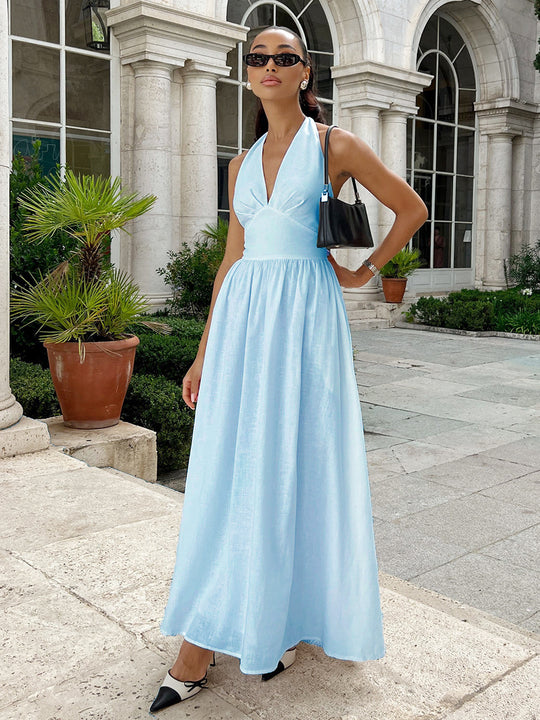 Damen Elegantes Maxikleid mit Halterneck-Design und fließendem Rock EB