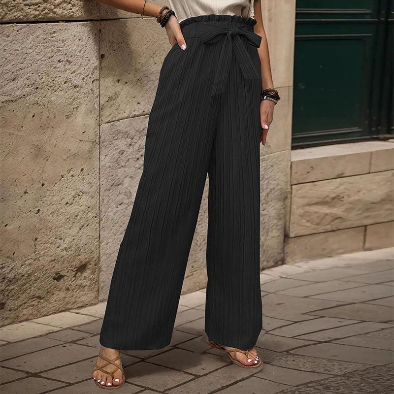 Damen Weite Plissee-Hose mit Paperbag-Bund und Taillenbindegürtel EB