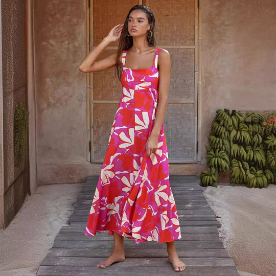 Damen Maxikleid mit Blumenmuster und verstellbaren Spaghettiträgern EB