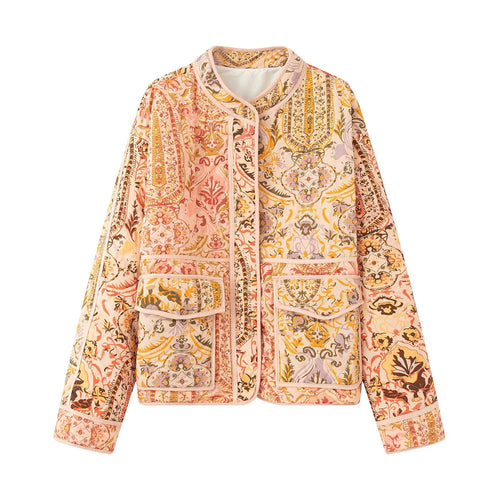 Damen elegante gepolsterte Jacke mit floralem Muster und praktischen Außentaschen EB