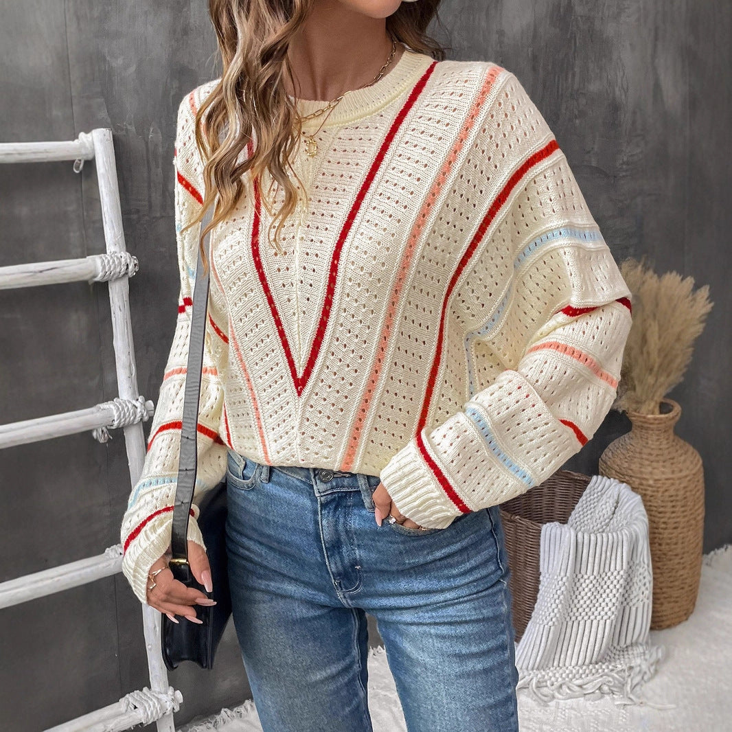 Damen Strickpullover mit modernem Lochmuster und dekorativen Streifen EB