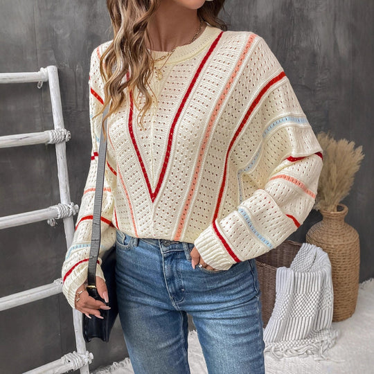 Damen Strickpullover mit modernem Lochmuster und dekorativen Streifen EB