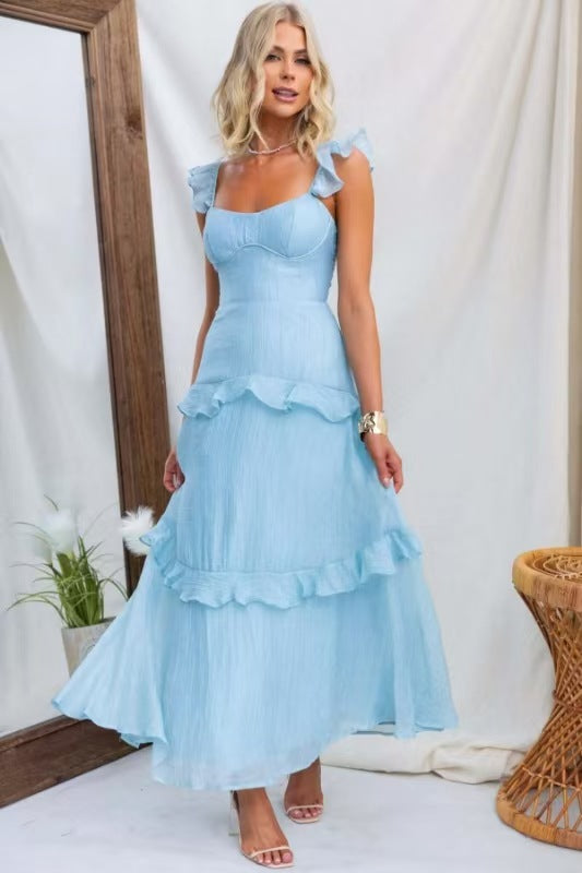 Damen Maxikleid mit Rüschendetails und taillierter Silhouette EB