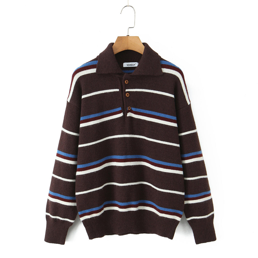 Damen gestreifter Poloshirt-Strickpullover EB