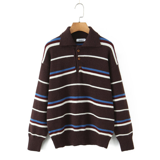 Damen gestreifter Poloshirt-Strickpullover EB