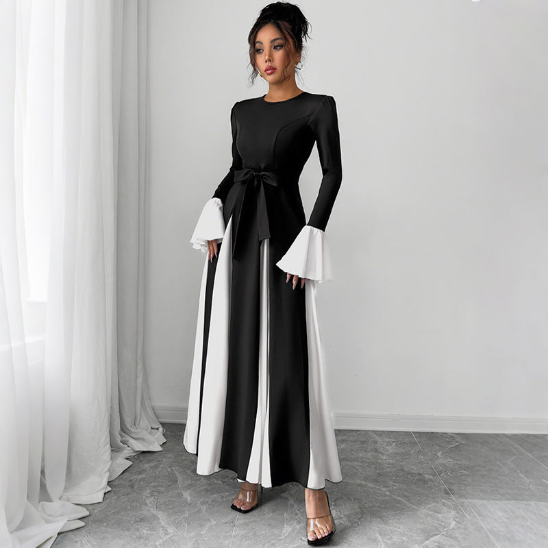 Damen Abendkleid mit tailliertem Corsagen-Oberteil, langen Ärmeln und kontrastierenden Volantmanschetten EB