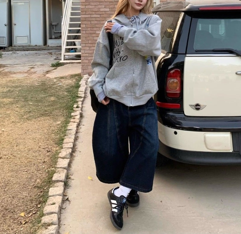 Damen Bequeme Oversized-Freizeitjacke mit Kapuze und Druck EB