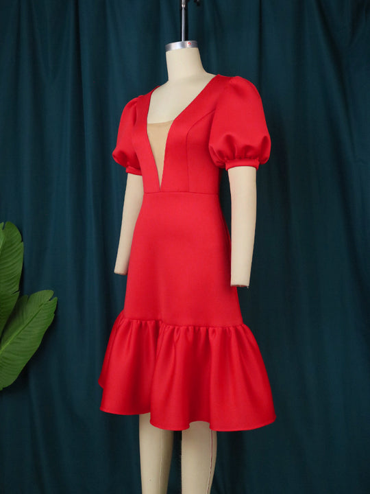 Damen elegantes Wickelkleid mit voluminösen Puffärmeln und Rüschensaum EB