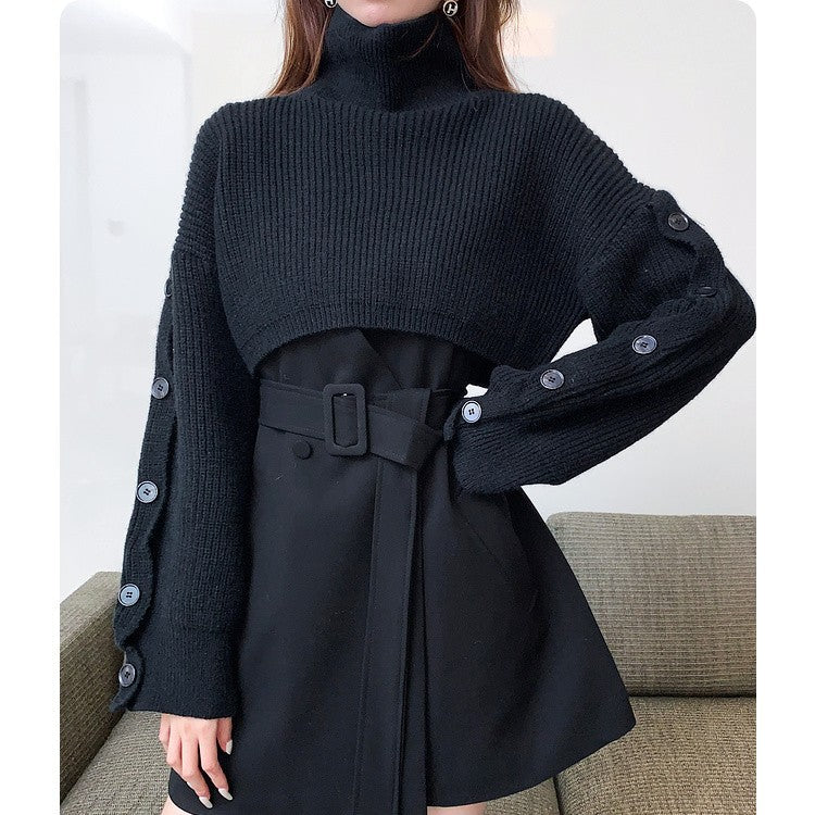 Damen Kurzgeschnittener Rollkragen-Bolero-Überwurf mit langen Ärmelknöpfen EB