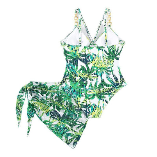 Damen Einteiler Badeanzug mit seitlichem Wickeldesign und transparentem Rock EB