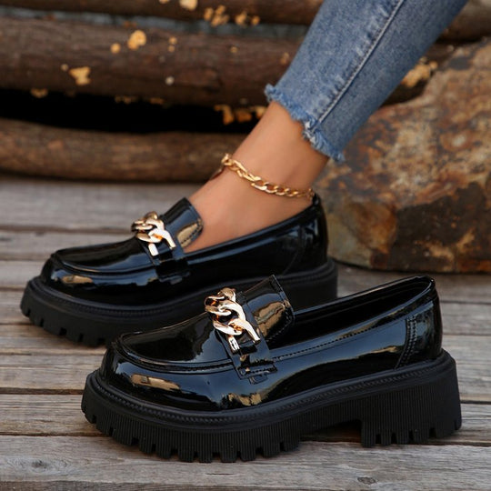 Damen Chunky Loafers mit goldener Kettenverzierung und rutschfester Sohle EB