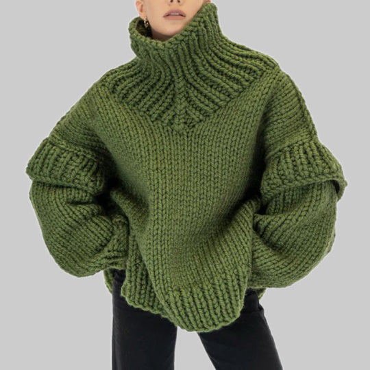 Damen Lockerer Strickpullover mit voluminösen Ärmeln und hohem Kragen EB