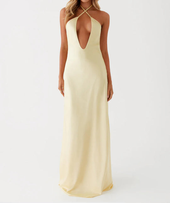 Damen Maxikleid mit tiefem V-Ausschnitt und eleganter Rückenansicht EB