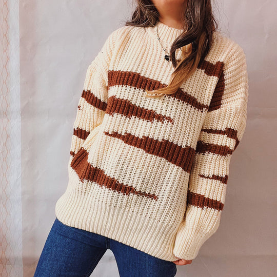 Damen Grobstrickpullover mit luxuriösem Muster und körperbetontem Schnitt EB