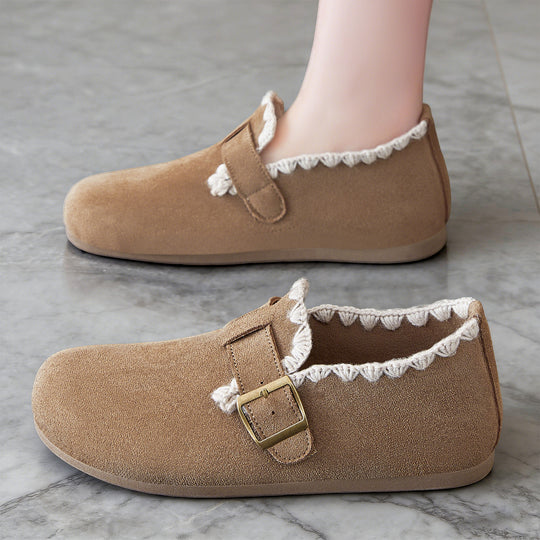 Damen nan kuschelige Mokassin-Slipper mit verstellbarem Schnallenriemen und gehäkelter Kantenverzierung EB