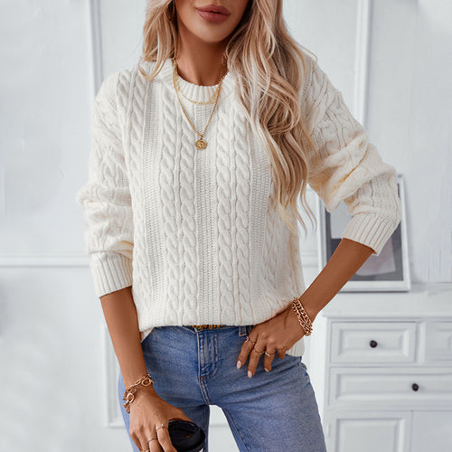 Damen Strickpullover mit Zopfmuster und hohen Bündchen EB
