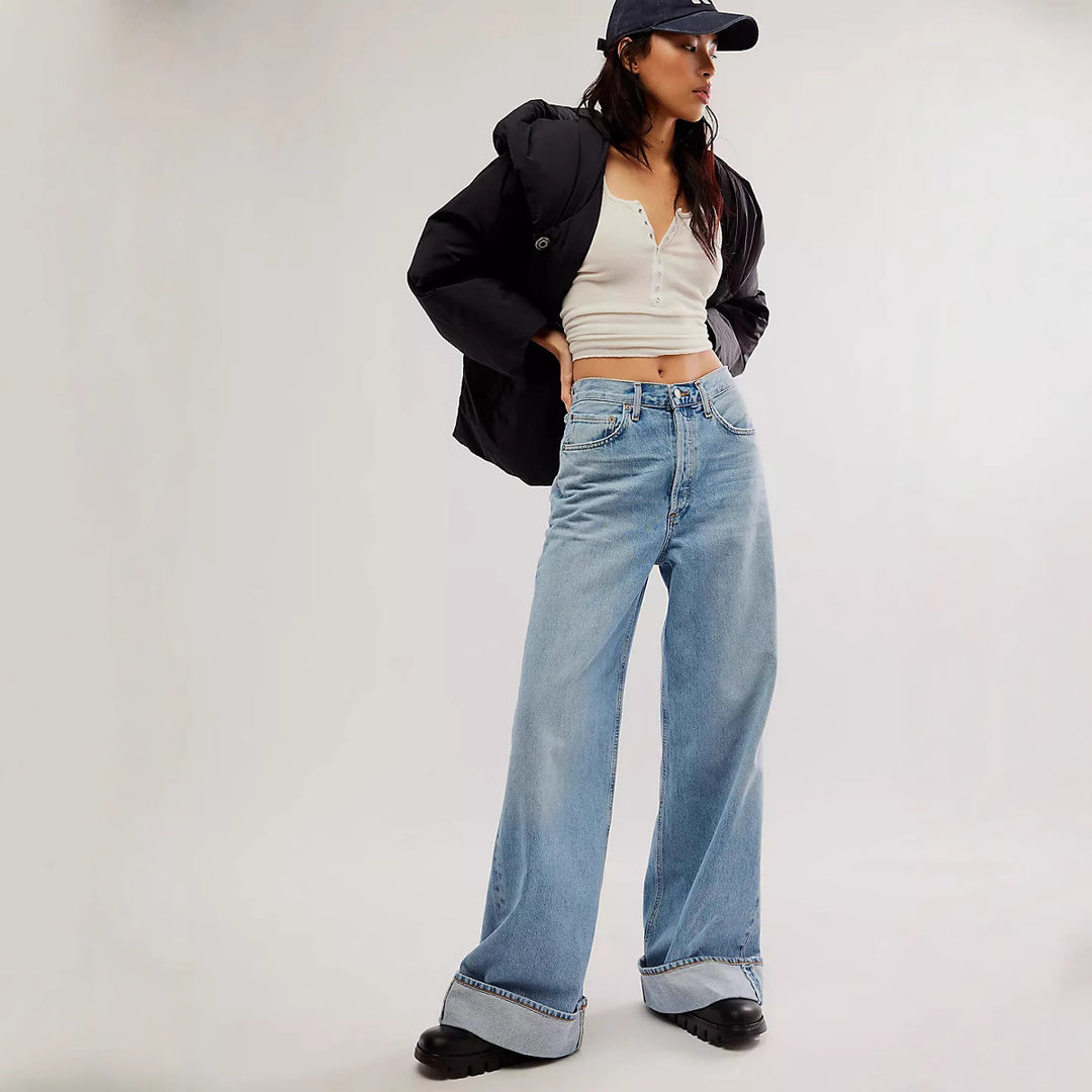 Damen Weit geschnittene High-Waist Jeans mit modischem Saum EB