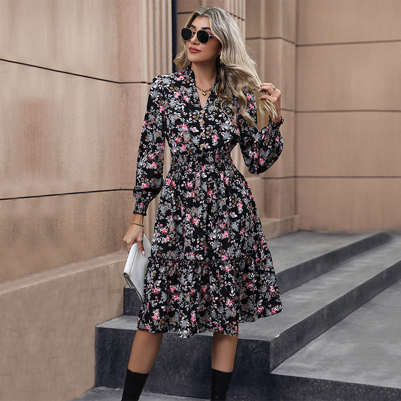 Damen Midi-Kleid mit floralen Rüschen und elegantem Stehkragen EB