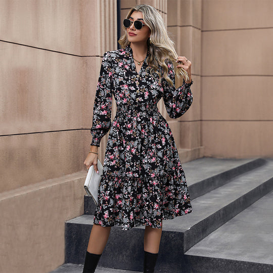 Damen Midi-Kleid mit floralen Rüschen und elegantem Stehkragen EB