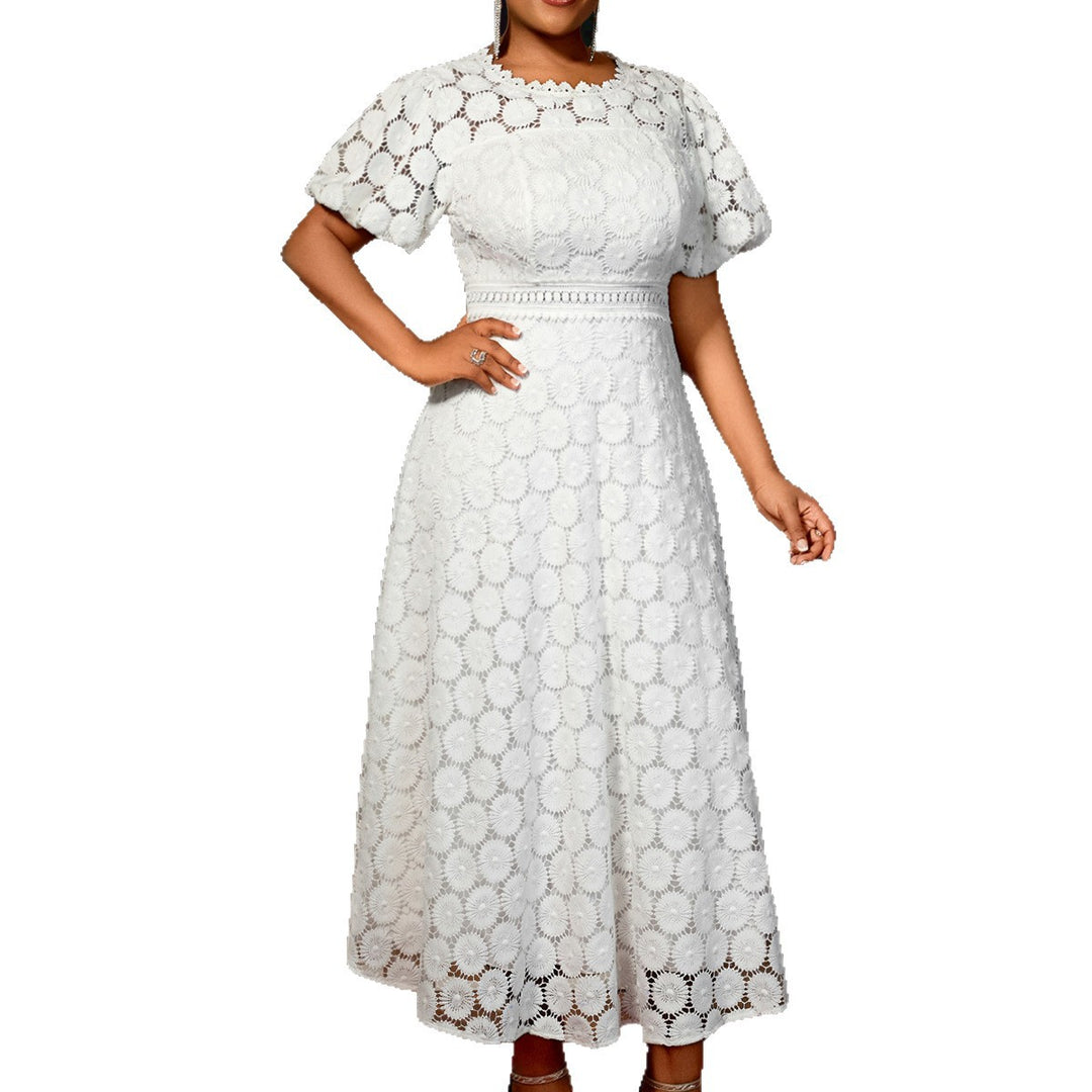 Damen Midi-Kleid mit eleganter Spitzenapplikation und Puffärmeln EB