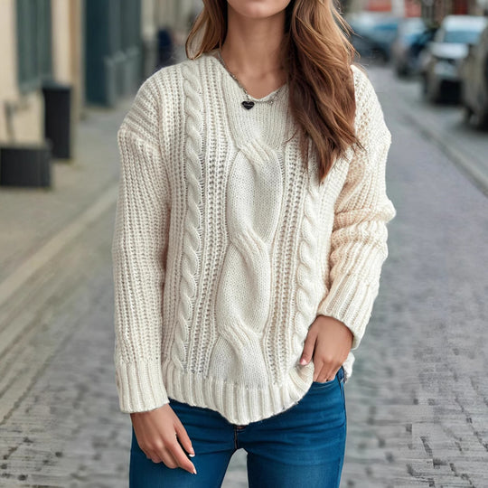 Damen Grobstrickpullover mit kreativem Zopfdesign und lässigem Schnitt EB