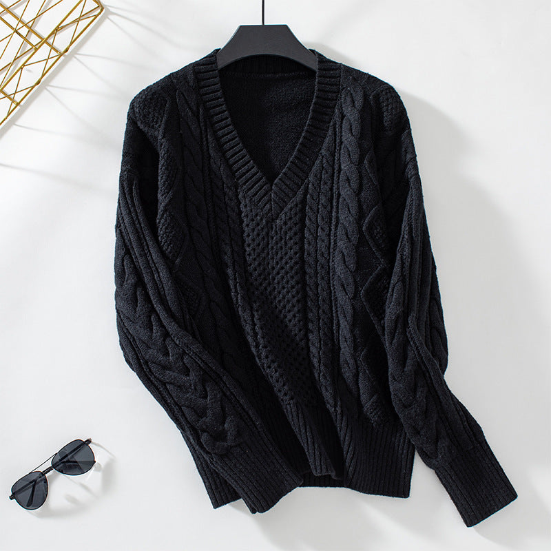 Damen modischer Strickpullover mit tiefem V-Ausschnitt und Zopfmuster EB