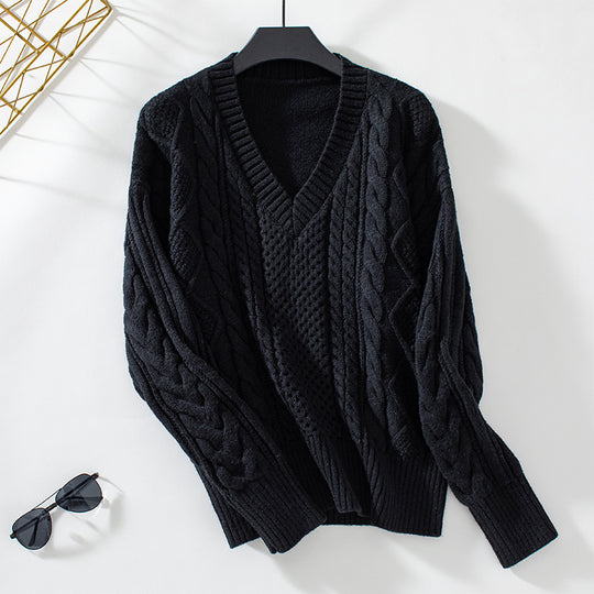 Damen modischer Strickpullover mit tiefem V-Ausschnitt und Zopfmuster EB